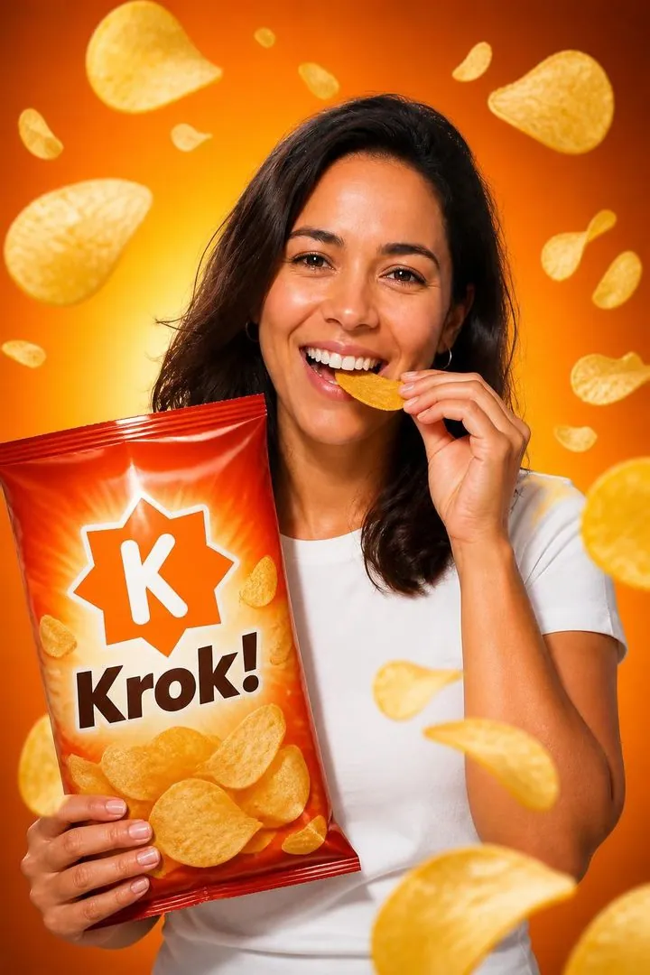 Garoto-propaganda: exemplo de foto 10x15 criada com IA, com a marca fictícia Krok! na cena