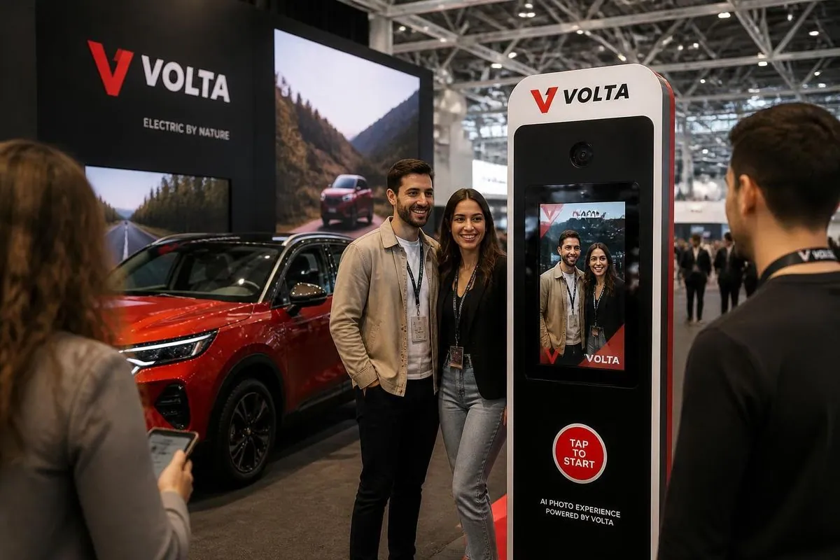 Ilustração criada com IA: a ativação de fotos com IA num salão do automóvel, com a marca fictícia VOLTA