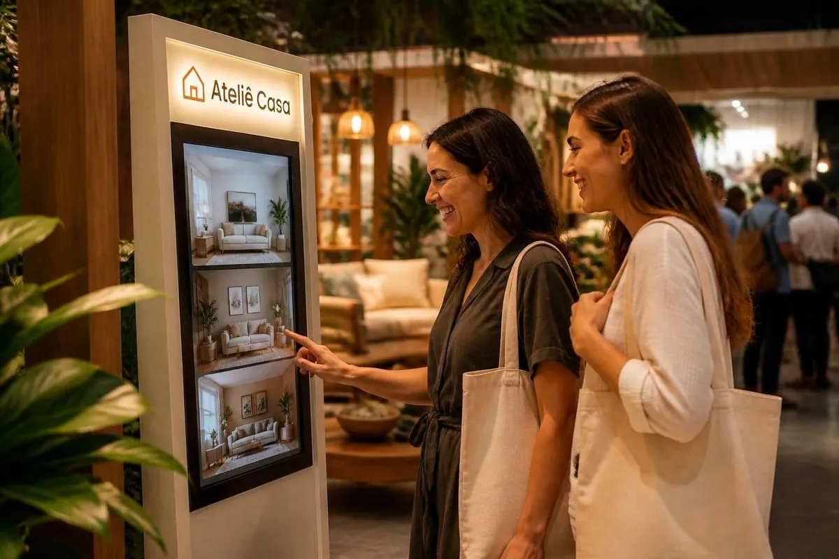 Ilustração criada com IA: a ativação de fotos com IA numa mostra de interiores, com a marca fictícia Ateliê Casa