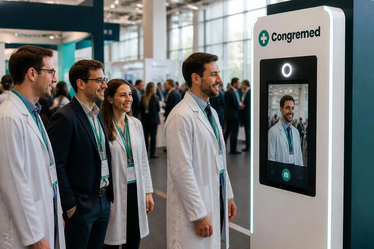 Ilustração criada com IA: a ativação de fotos com IA num congresso médico, com a marca fictícia Congremed