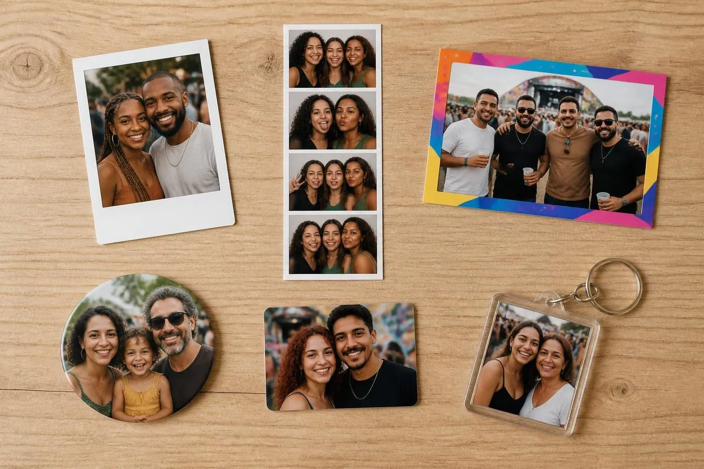 Os formatos de impressão sobre uma mesa: polaroid, tirinha, 10x15, ímã, card e chaveiro
