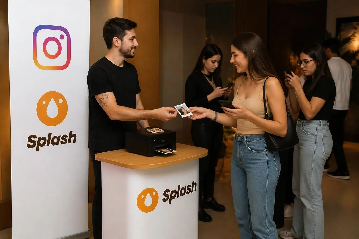 Estande do InstaPop com banner da hashtag e impressora, entregando a foto a uma convidada