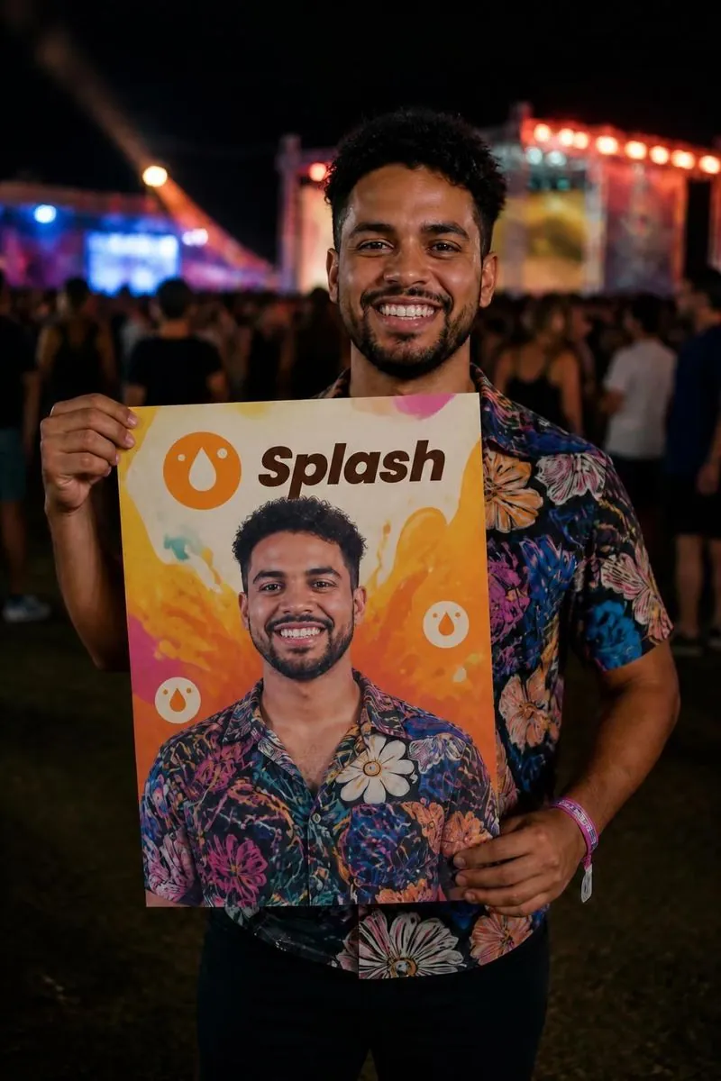 Convidado de um festival segurando o pôster A3 com o próprio retrato e a marca Splash