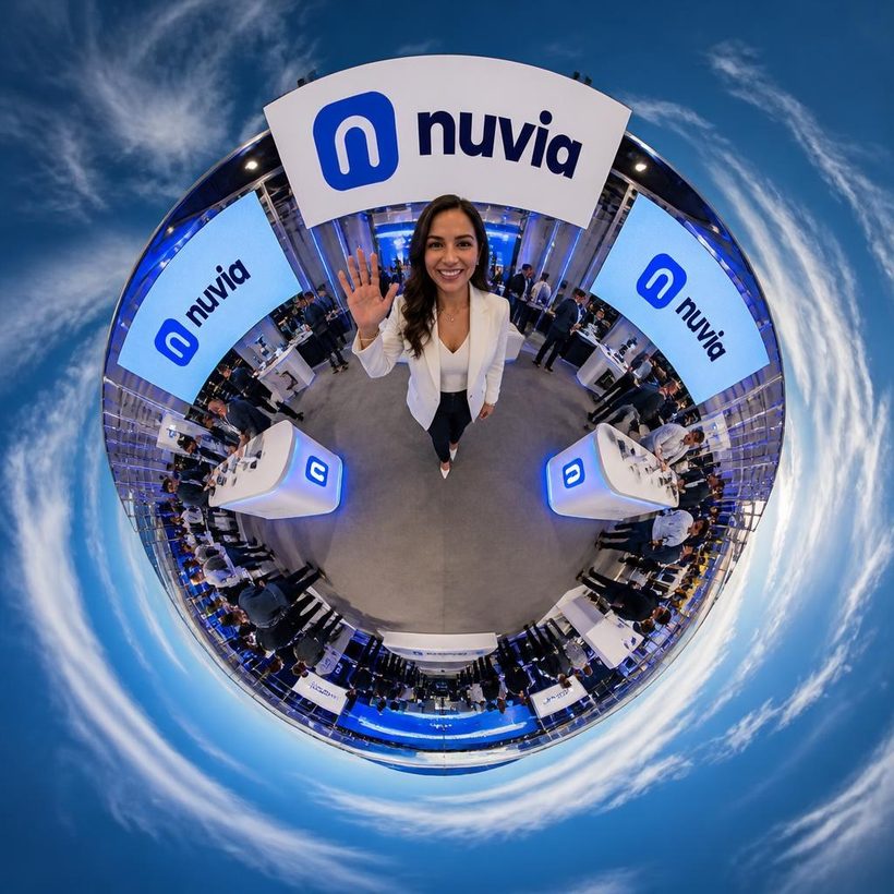 O estande vira planeta: mini planeta com a marca fictícia nuvia