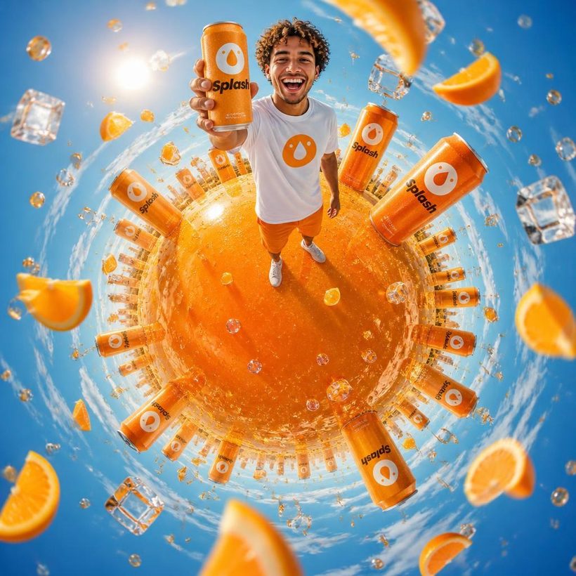 O mundo do refrigerante: mini planeta com a marca fictícia Splash