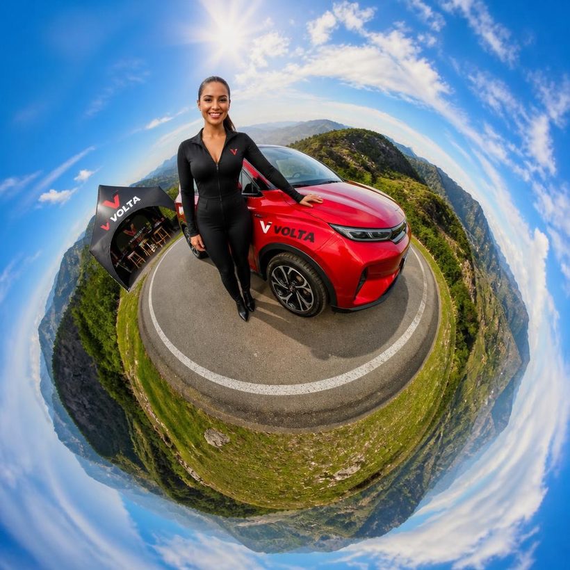 O carro no topo do mundo: mini planeta com a marca fictícia VOLTA