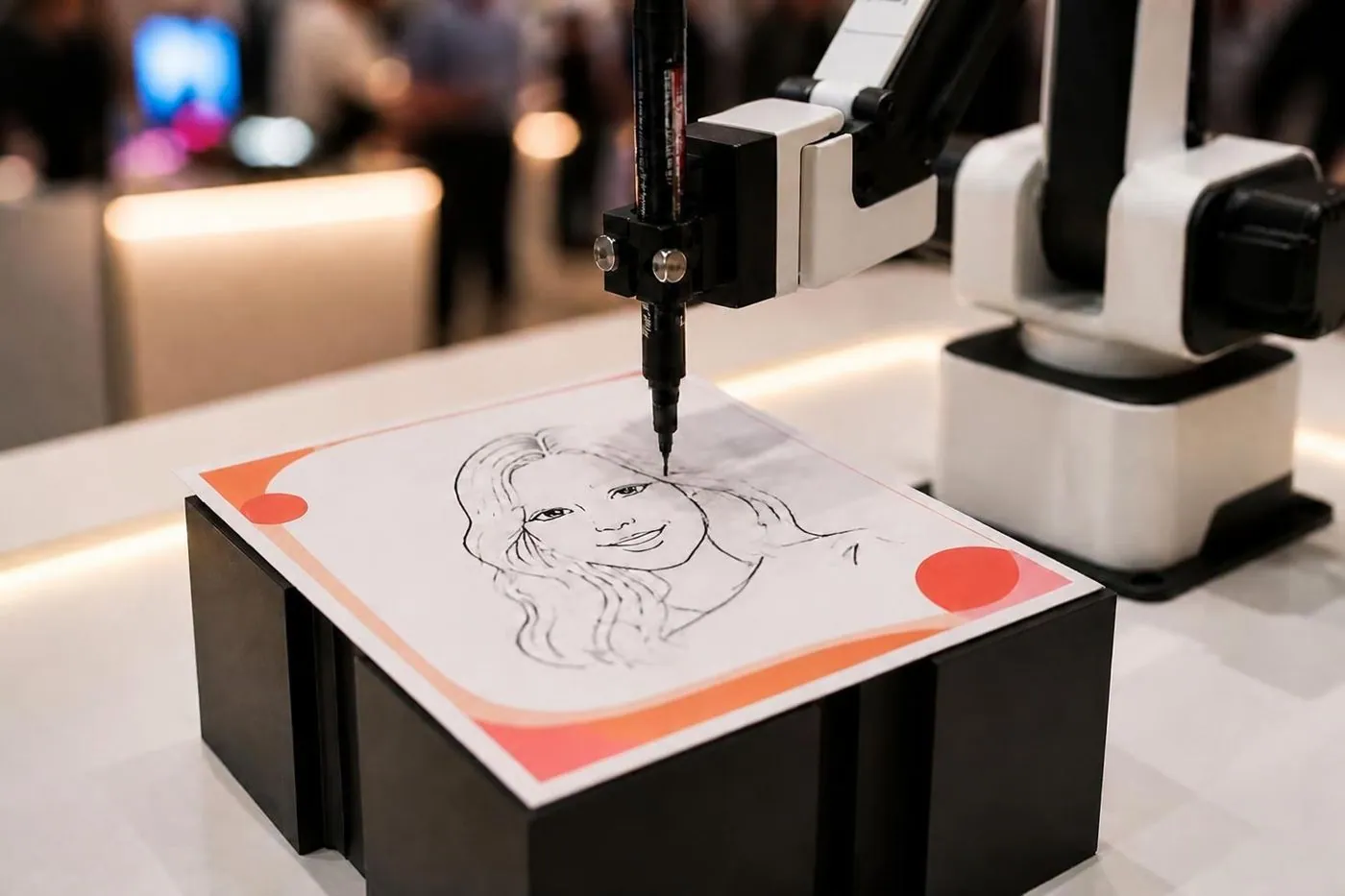 A caneta do robô desenhando uma caricatura numa folha com moldura