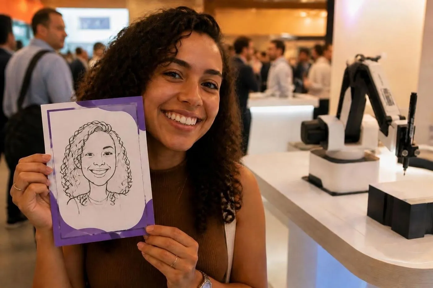 Convidada sorrindo com a caricatura na folha personalizada