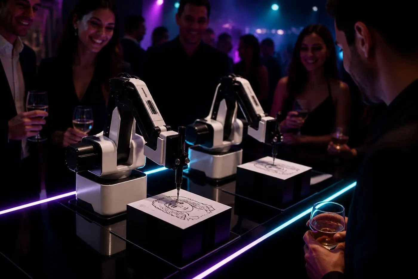 Robôs desenhando numa festa de lançamento com luzes roxas e verdes