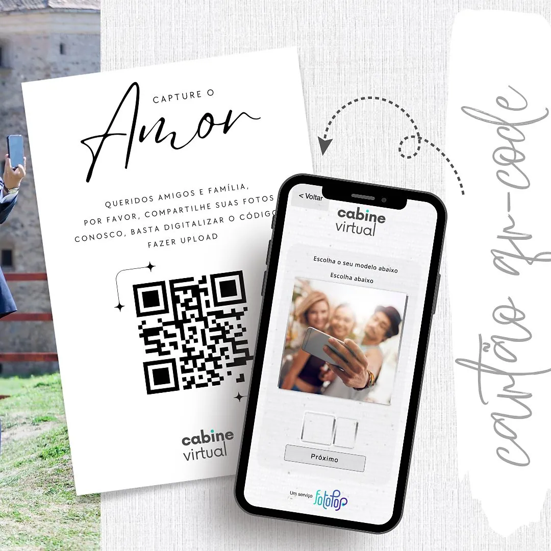 Cartão com QR code da cabine virtual de um casamento