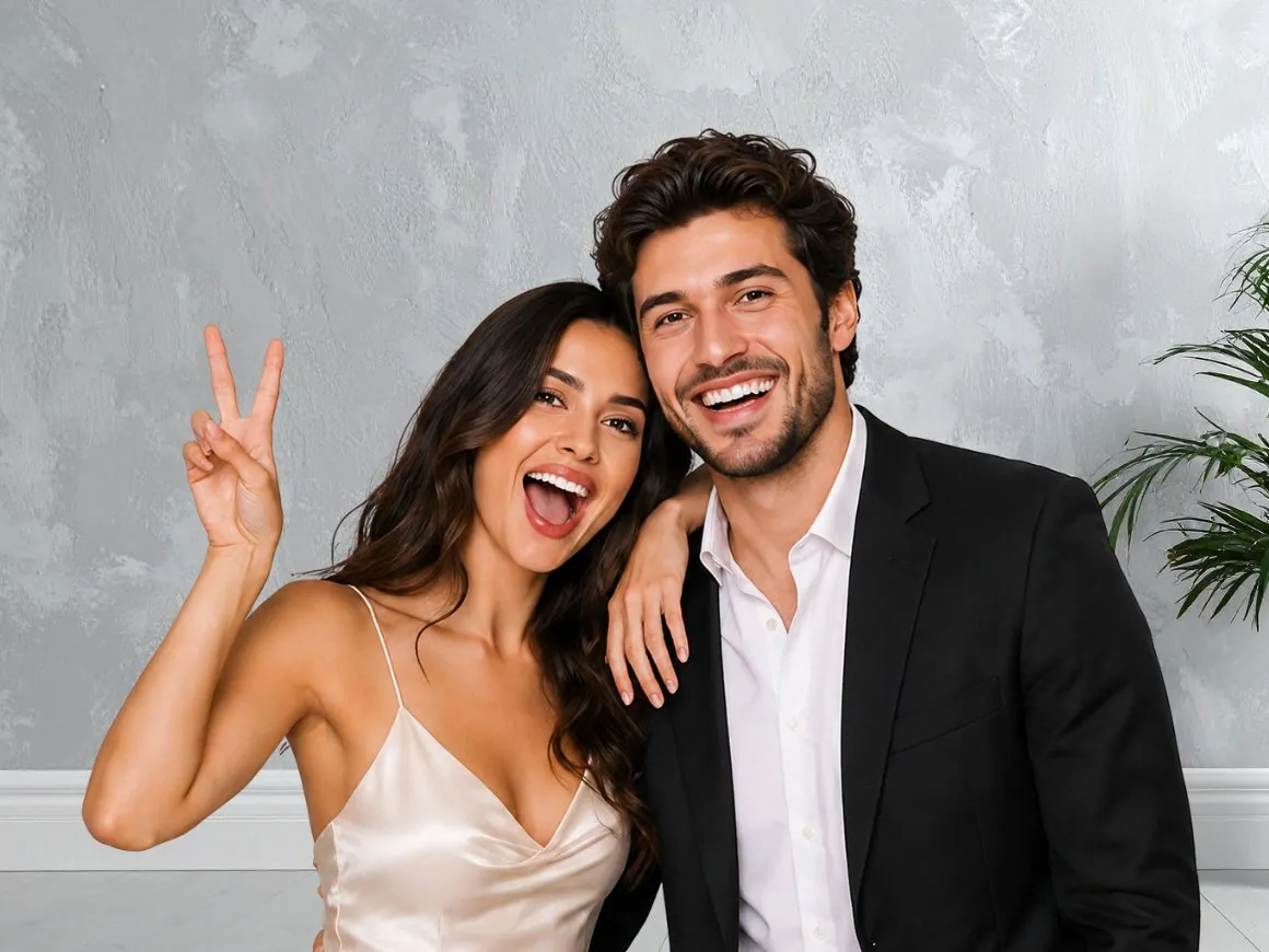 Casal fotografado no totem com o fundo trocado por cenários de festa
