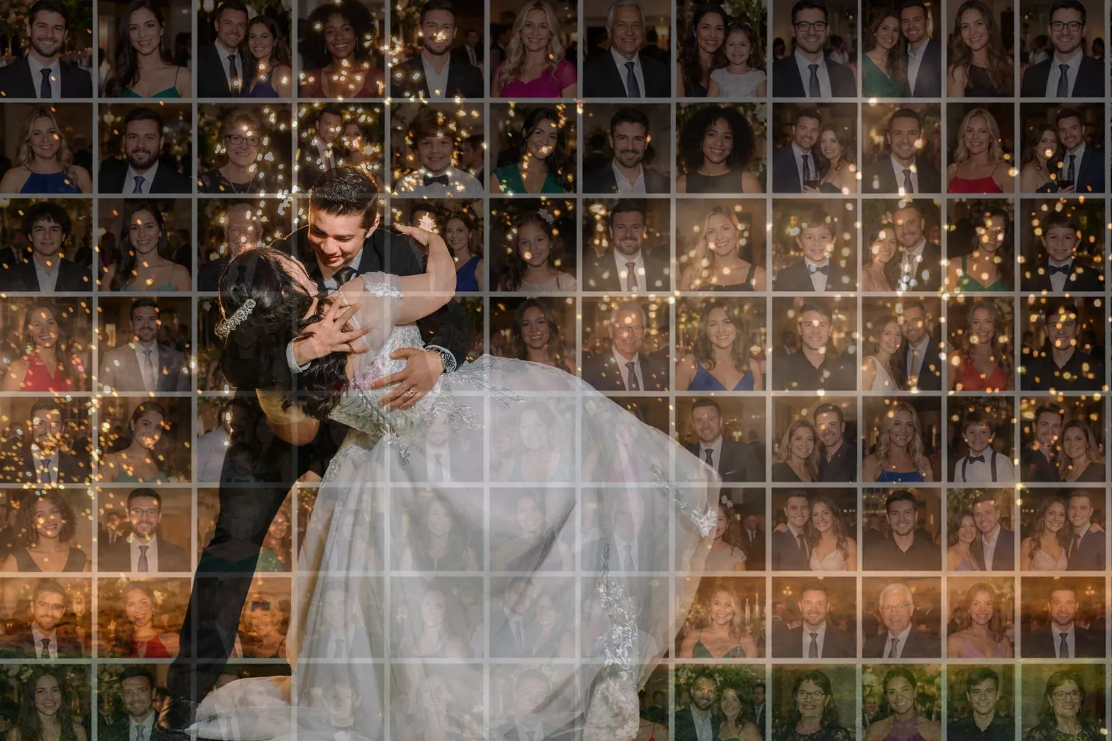 Modelo ilustrativo de mosaico: as fotos dos convidados formam a foto de um casal de noivos
